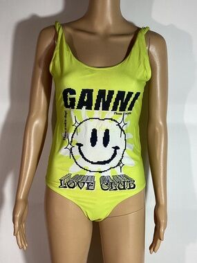 Ganni one piece swimsuit bright yellow Smiley Face Sz 6